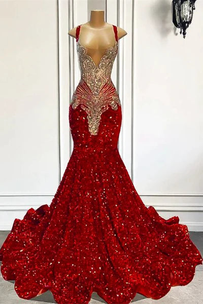 Red Sequined Mermaid Sleeveless Prom Dresses with Rhinestones