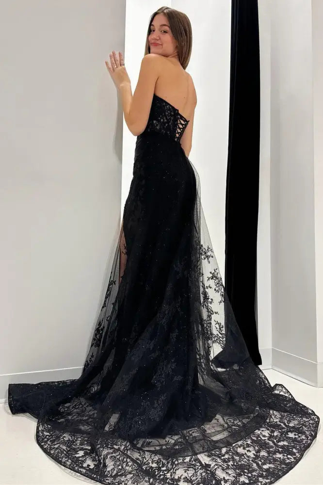 Black Strapless Mermaid Tulle Satin Party Dresses with Slit