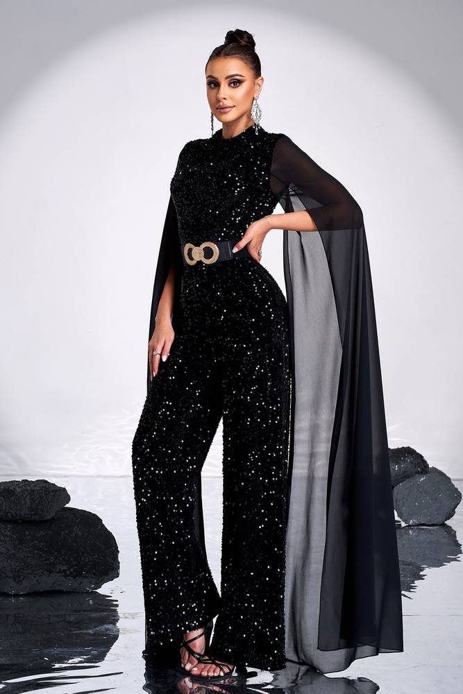 Black Sequined Crew Neck Jumpsuit Evening Dresses with Sash