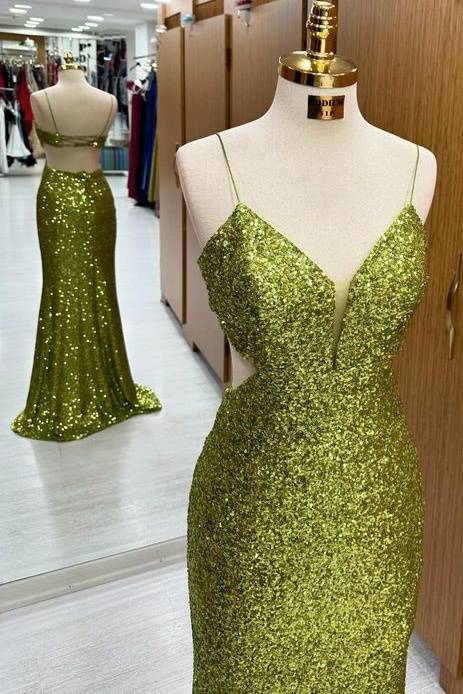 Elegant V-Neck Spaghetti Straps Sweep Train Sequined Mermaid Prom Dresses