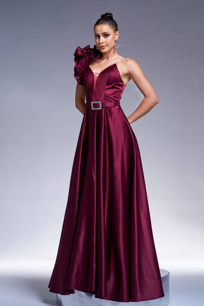 Burgundy V-Neck A-Line Satin One-Shoulder Evening Dresses with Sash