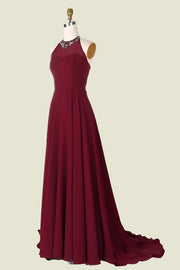 Burgundy Halter A-Line Chiffon Long Bridesmaid Dresses with Rhinestones