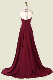 Burgundy Halter A-Line Chiffon Long Bridesmaid Dresses with Rhinestones