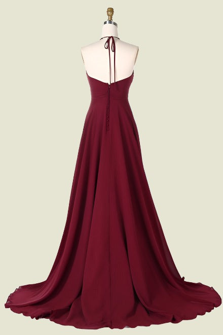 Burgundy Halter A-Line Chiffon Long Bridesmaid Dresses with Rhinestones