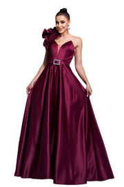 Burgundy V-Neck A-Line Satin One-Shoulder Evening Dresses with Sash