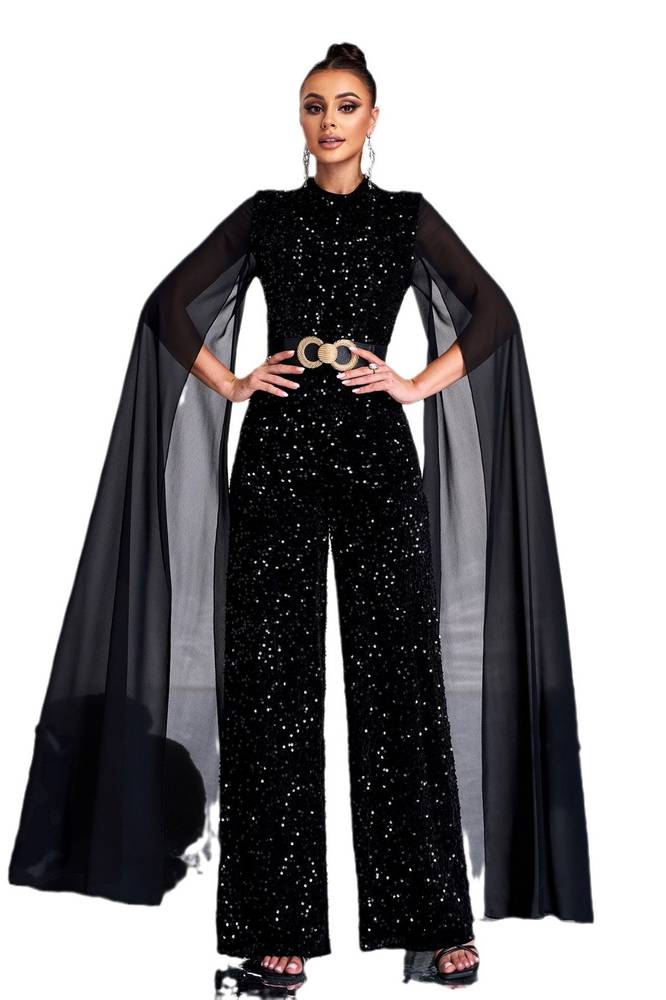 Black Sequined Crew Neck Jumpsuit Evening Dresses with Sash