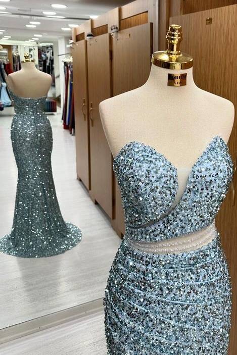 Stunning Sweep Train Sequined Strapless Mermaid Prom Dresses