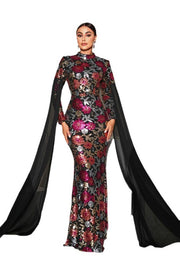 Floor-Length Mermaid High Neck Sequin Evening Dresses with Long Sleeves