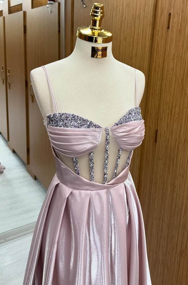 A-Line Prom Dresses Spaghetti Straps Satin Sweetheart with Sequins