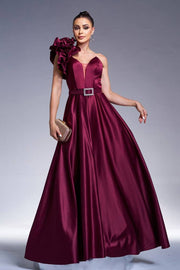 Burgundy V-Neck A-Line Satin One-Shoulder Evening Dresses with Sash