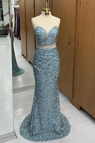 Stunning Sweep Train Sequined Strapless Mermaid Prom Dresses