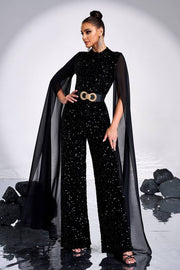 Black Sequined Crew Neck Jumpsuit Evening Dresses with Sash