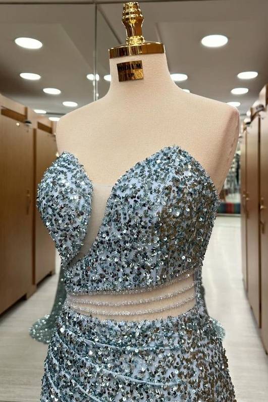 Stunning Sweep Train Sequined Strapless Mermaid Prom Dresses