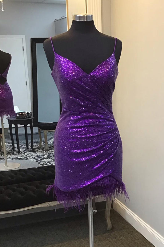 Purple V-Neck Sequins Short Homecoming Dress with Feather
