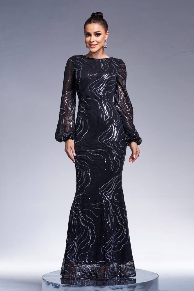 Black Floor-Length Long Sleeves Mermaid Sequin Evening Dresses