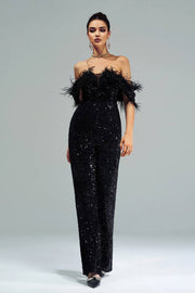 Black Off-The-Shoulder Sequined Jumpsuit Evening Dresses with Feather