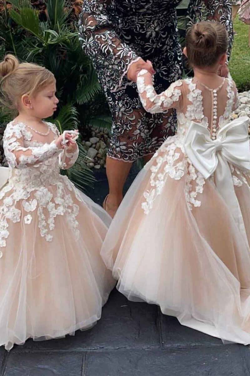 Ball Gown Tulle Long Sleeves Flower Girl Dresses with Appliques