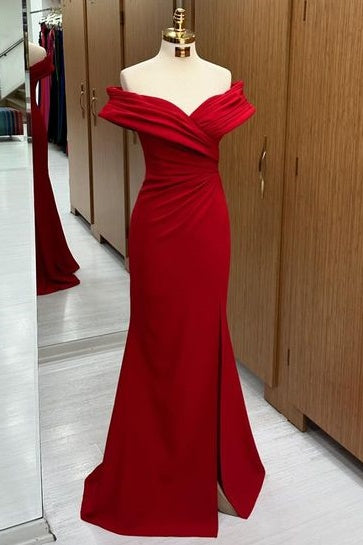 Luxurious V-Neck Floor-Length Off-The-Shoulder Mermaid Prom Dresses with Slit