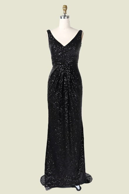 Black V-Neck Sleeveless Column Sequined Long Bridesmaid Dresses with Open Back