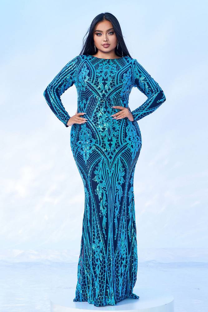 Pool Plus Size Jewel Neck Sequined Mermaid Evening Dresses with Long Sleeves