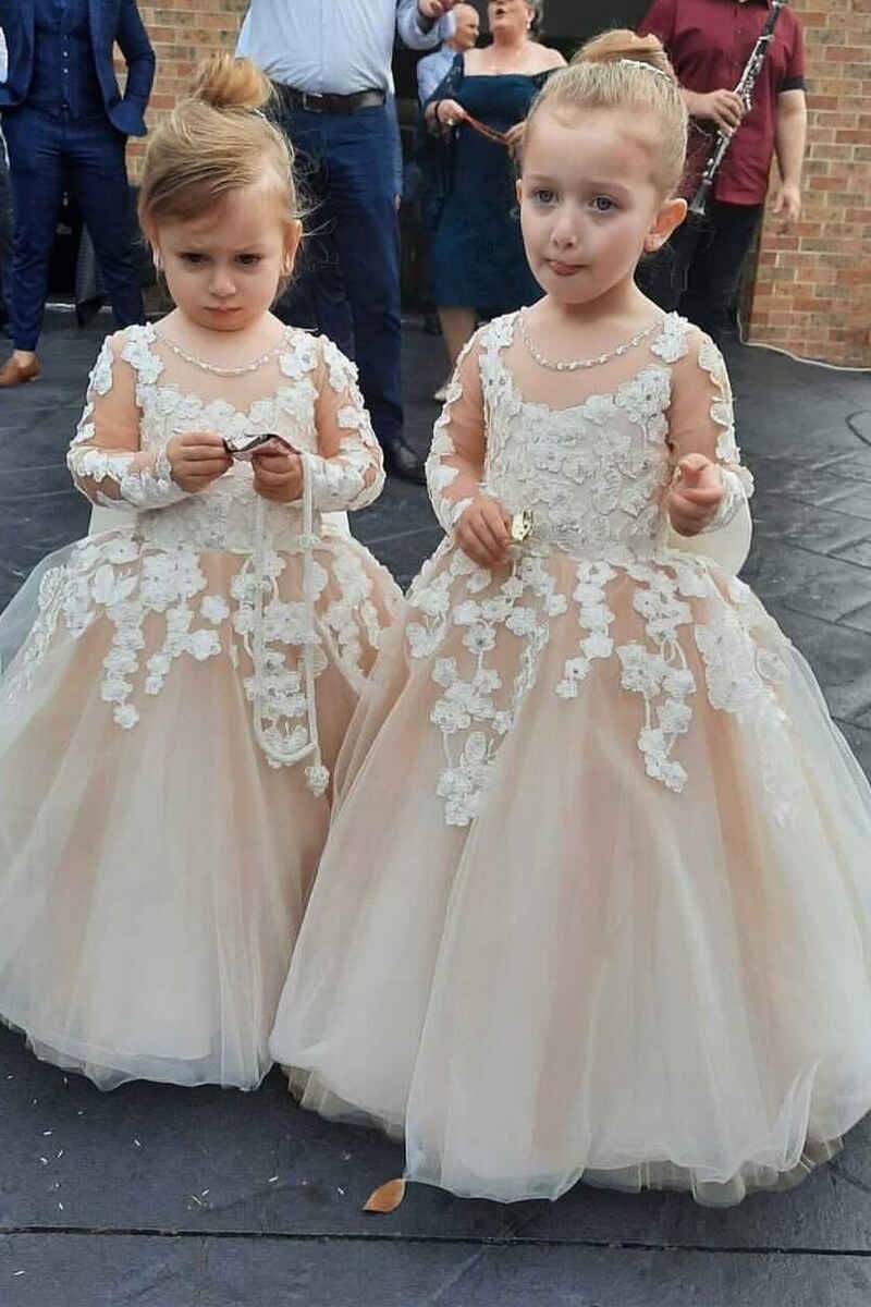 Ball Gown Tulle Long Sleeves Flower Girl Dresses with Appliques