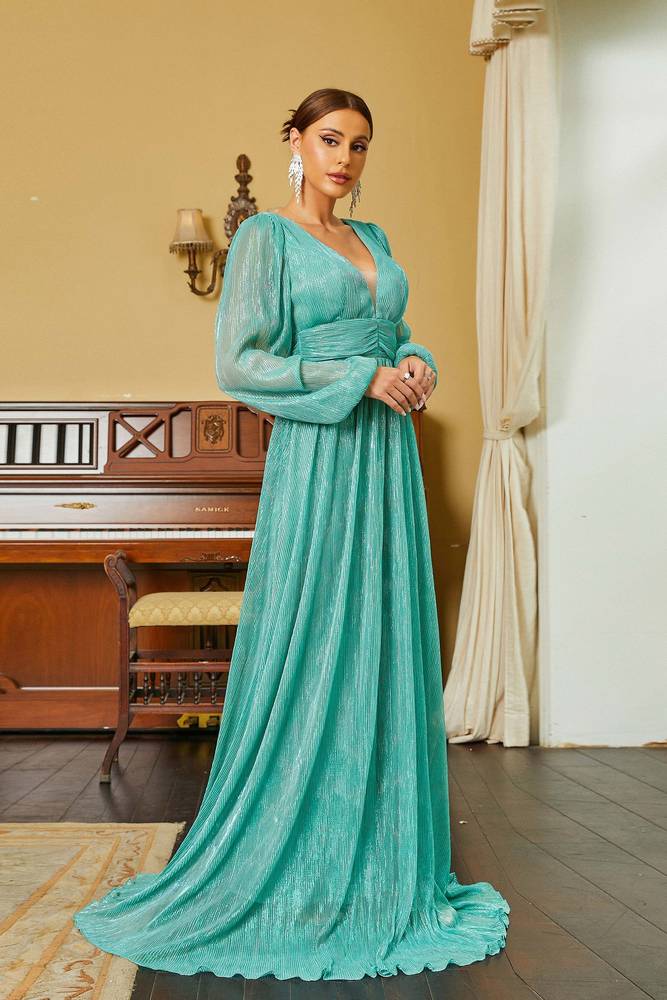 A-Line V-Neck Long Sleeves Long Prom Dresses with Sweep Train