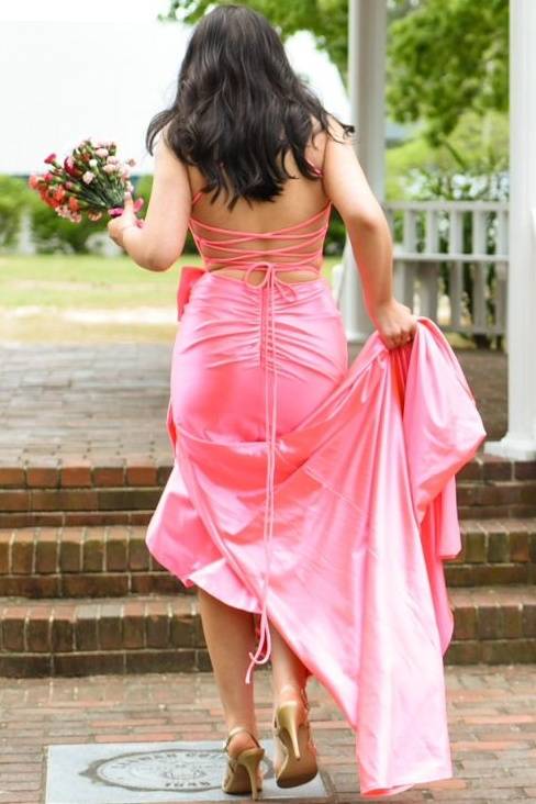 Pink Elegant Spaghetti Straps V-Neck Split Front Prom Dresses with Bow