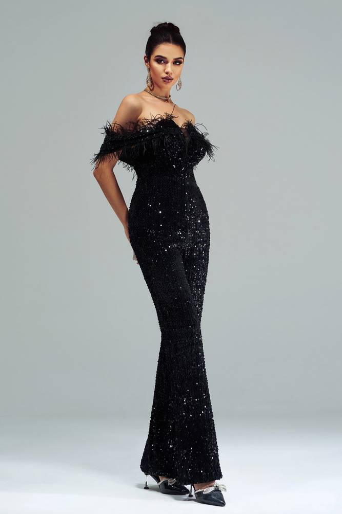 Black Off-The-Shoulder Sequined Jumpsuit Evening Dresses with Feather