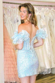 Light Blue Sweetheart Off-The-Shoulder Sequined Short Homecoming Dresses