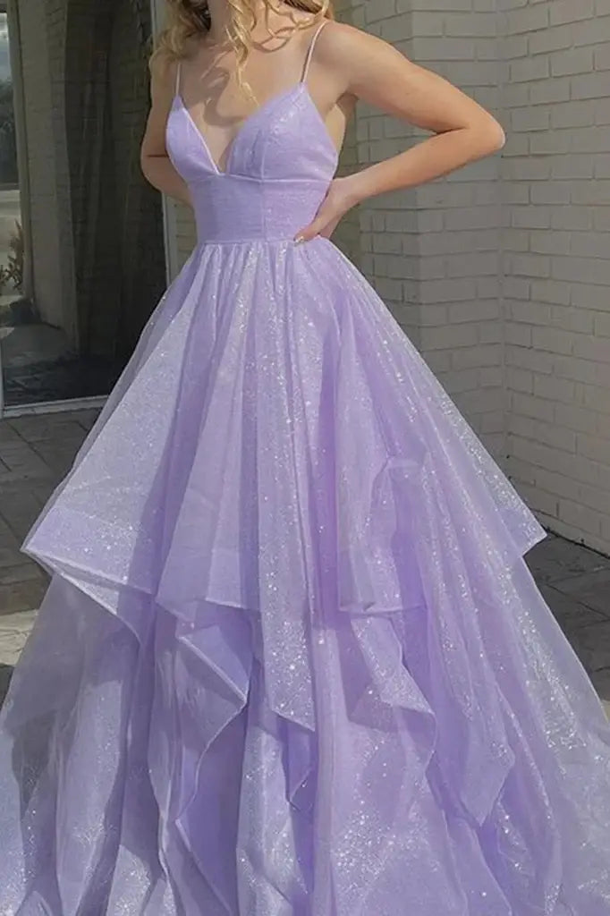 Light Purple Spaghetti Straps A-Line Tulle Party Prom Dresses