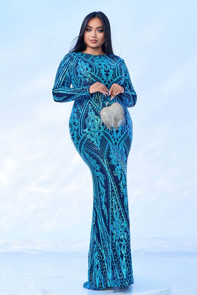 Pool Plus Size Jewel Neck Sequined Mermaid Evening Dresses with Long Sleeves