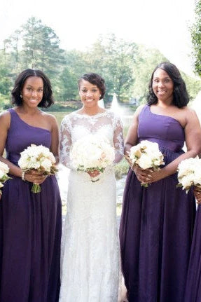 Purple One-Shoulder Sleeveless Bridesmaid Dresses with Slit