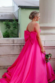 Fuchsia Spaghetti Straps A-Line Long Satin Party Dresses with Bow