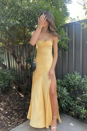 Yellow Glamorous Mermaid Silk Spaghetti Straps Party Dresses