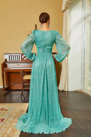 A-Line V-Neck Long Sleeves Long Prom Dresses with Sweep Train