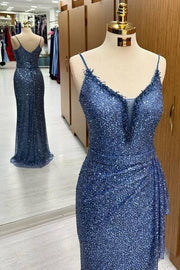 Fashionable Spaghetti Straps V-Neck Sleeveless Sequined Mermaid Prom Dresses with Slit