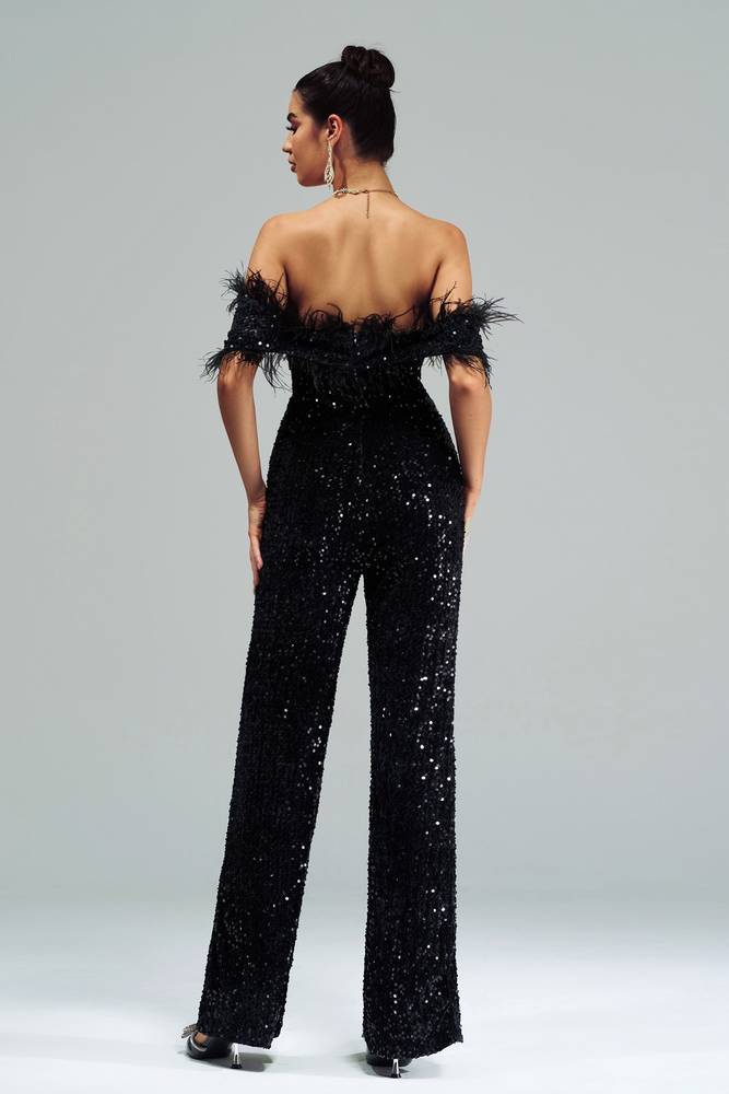 Black Off-The-Shoulder Sequined Jumpsuit Evening Dresses with Feather