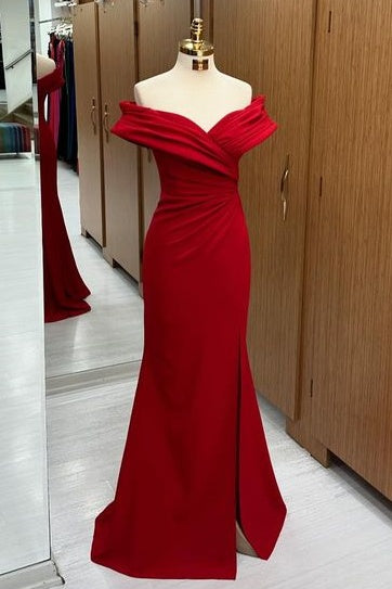 Luxurious V-Neck Floor-Length Off-The-Shoulder Mermaid Prom Dresses with Slit