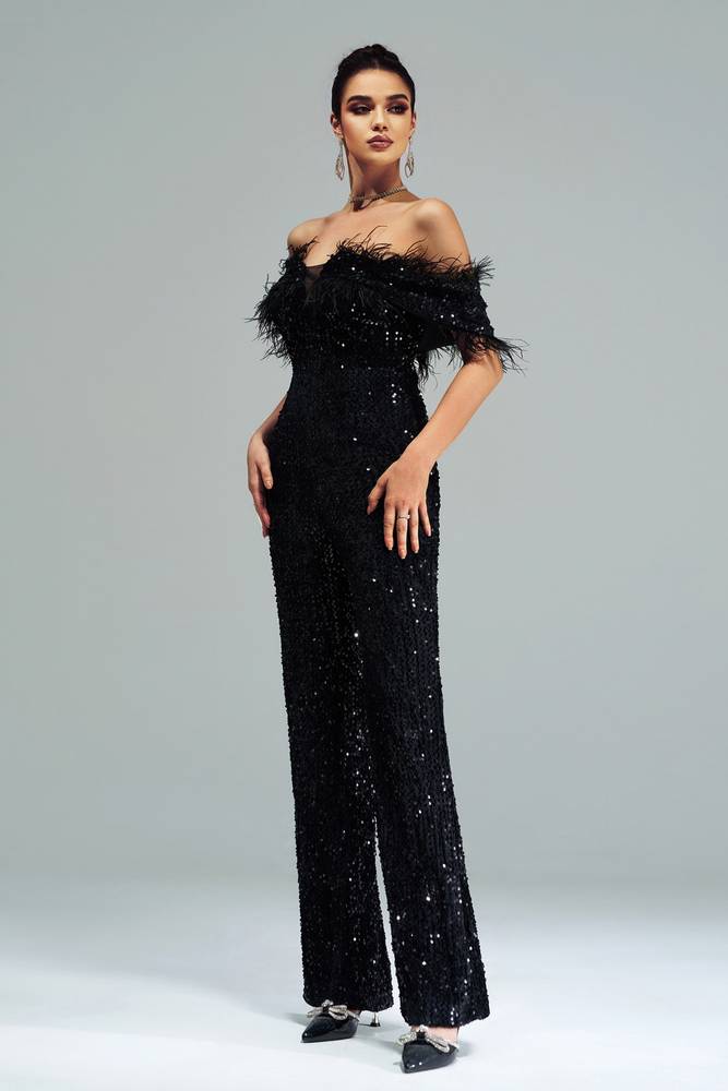 Black Off-The-Shoulder Sequined Jumpsuit Evening Dresses with Feather