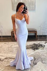 Elegant Halter Sweep Train Mermaid Satin Prom Dresses