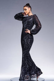 Black Floor-Length Long Sleeves Mermaid Sequin Evening Dresses