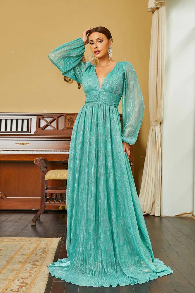 A-Line V-Neck Long Sleeves Long Prom Dresses with Sweep Train