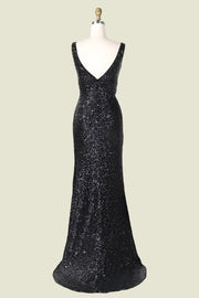 Black V-Neck Sleeveless Column Sequined Long Bridesmaid Dresses with Open Back