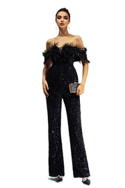 Black Off-The-Shoulder Sequined Jumpsuit Evening Dresses with Feather