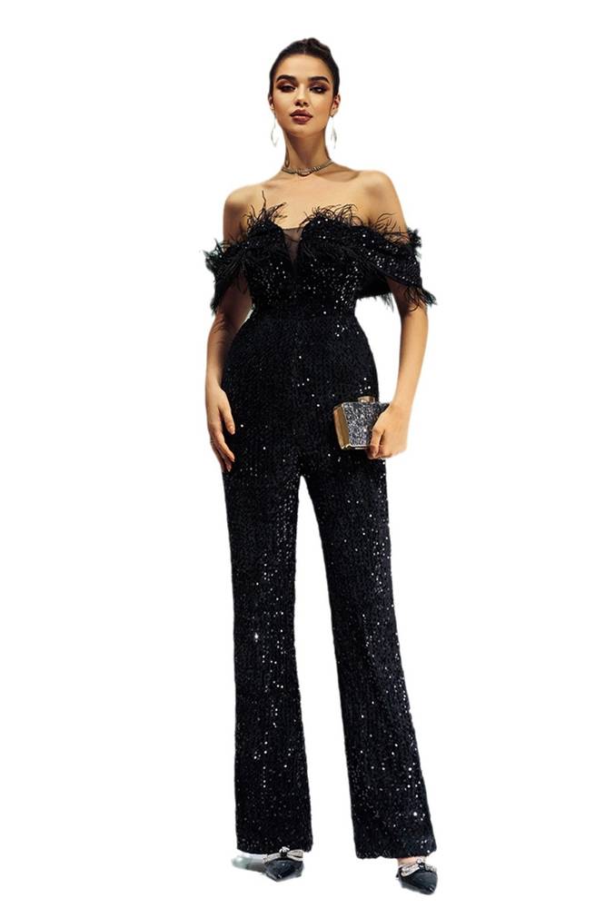 Black Off-The-Shoulder Sequined Jumpsuit Evening Dresses with Feather