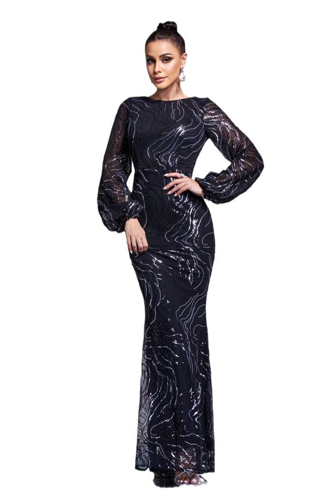 Black Floor-Length Long Sleeves Mermaid Sequin Evening Dresses