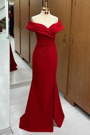 Luxurious V-Neck Floor-Length Off-The-Shoulder Mermaid Prom Dresses with Slit