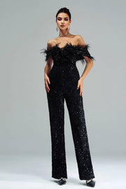 Black Off-The-Shoulder Sequined Jumpsuit Evening Dresses with Feather