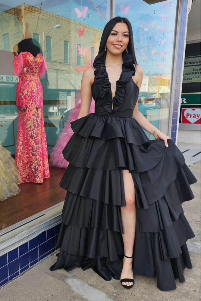 Black Tiered Halter V-Neck A-Line Sleeveless Satin Prom Dresses with Slit