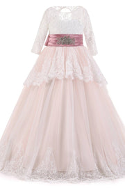 Blushing Pink Ball Gown Long Sleeves Lace Tulle Flower Girl Dresses with Sash